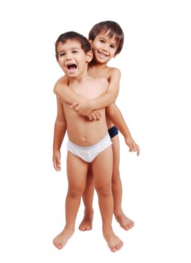 Two very cute boys without shirts in underwear clipart