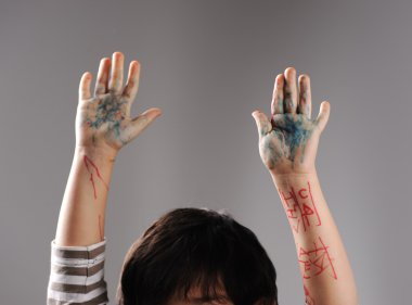 Messy hands, little guilty surrender with hands up clipart