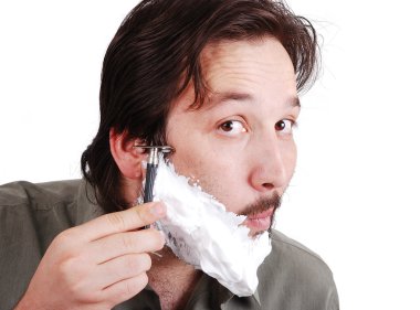 Young man is shawing his beard, isolated clipart