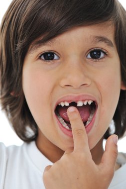 Lost milk tooth, cute boy with long hair clipart