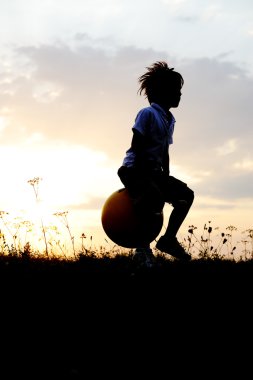 siluet, grup mutlu çocuklar oynarken çayır, günbatımı, yaz