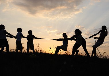 siluet, grup mutlu çocuklar oynarken çayır, günbatımı, yaz