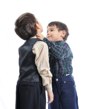 Happy children with fashionable clothes isolated