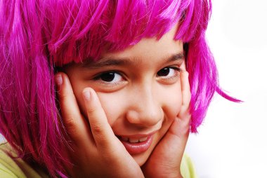 Adorable girl with pink hair and facial gesture clipart