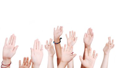 Many children hands high up isolated clipart