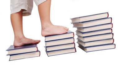 Little legs stepping on books stairs, isolated clipart