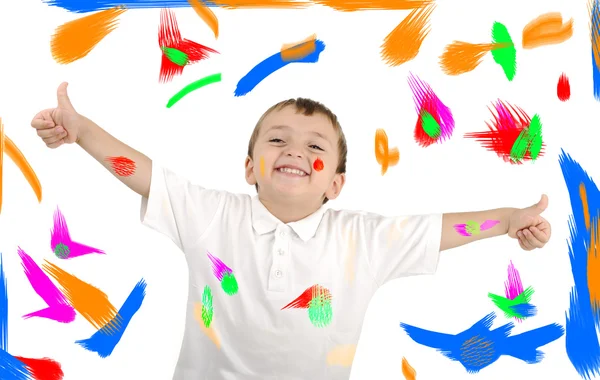 Ευτυχισμένο παιδί με χρώματα σε φόντο — Φωτογραφία Αρχείου