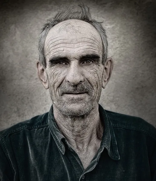 Artistic old photo of elderly bald man, grunge vintage backgroun — Stock Photo, Image