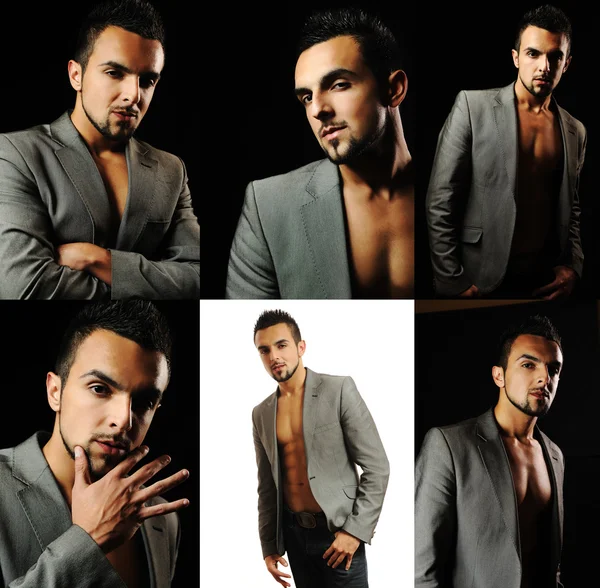 Porträtt av sexiga manlig modell isolerad på vit bakgrund, collage k — Stockfoto