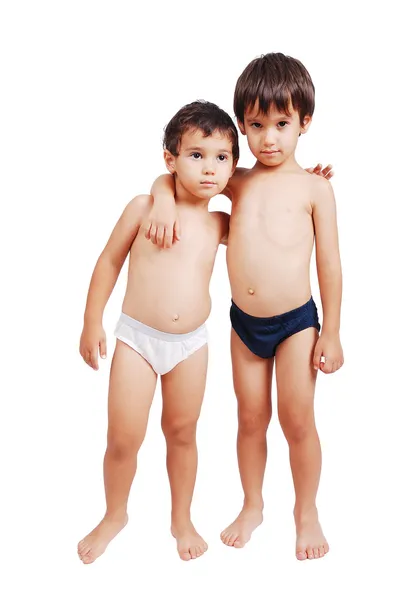 Dois meninos muito bonitos sem camisas em roupa interior — Fotografia de Stock