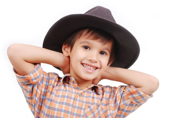 Very cute kid with hat on his head, isolated — Stock Photo, Image