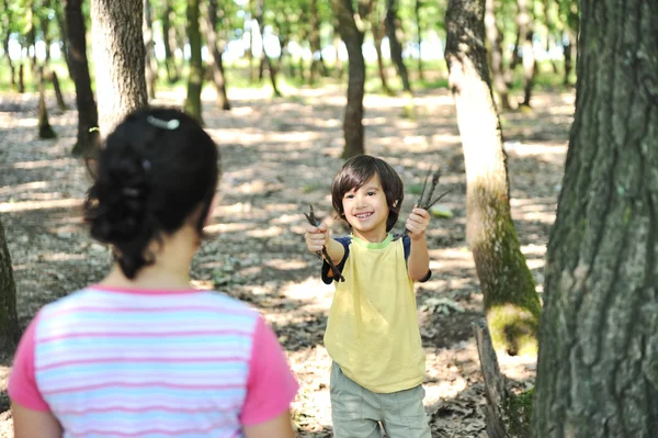 Crianças brincando na floresta maravilhosa e coletando pequenos pedaços de madeira — Fotografia de Stock