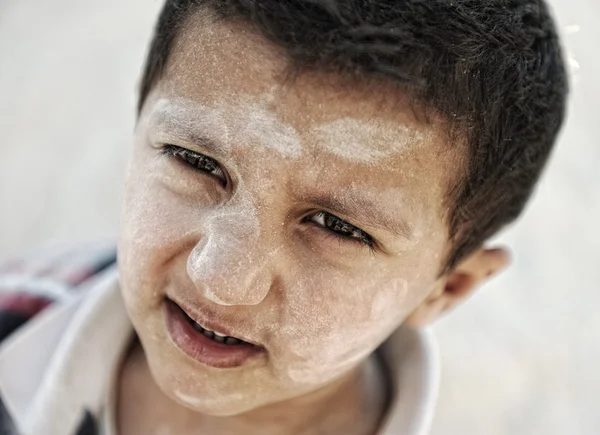 Portrait of poverty, little poor dirty boy, closeup — Stock Photo, Image