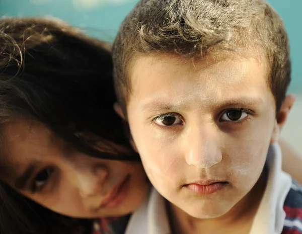 Little dirty brother and sister, poverty , bad condition — Stock Photo, Image