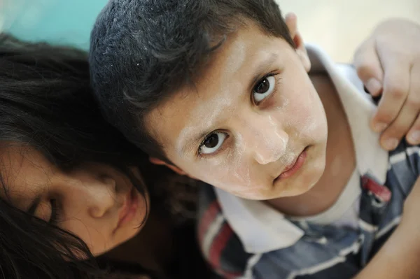 Little dirty brother and sister, poverty , bad condition — Stock Photo, Image