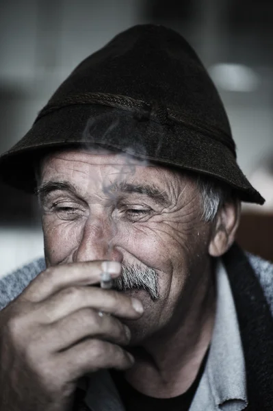 Closeup Artistic Photo of Aged Man With Grey Mustache Smoking Cigarette — Stock Photo, Image