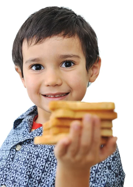 Dziecko z chlebem na białym tle — Zdjęcie stockowe