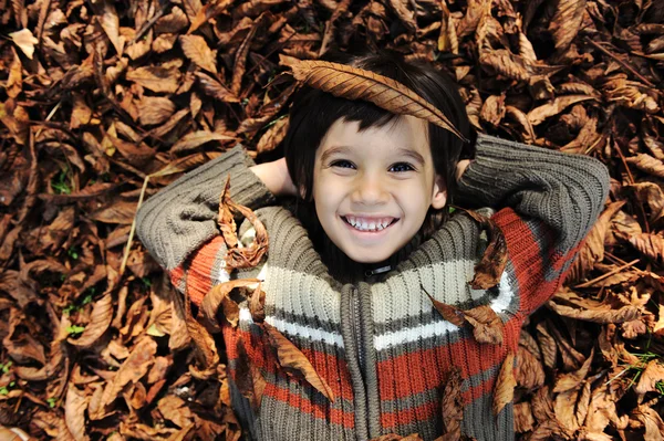 Маленький ребенок играет в осенних листьях — стоковое фото