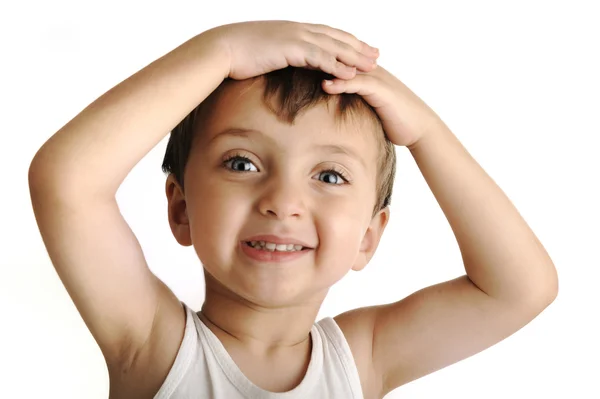 Detailní portrét nevinné dítě dává vám roztomilý úsměv — Stock fotografie