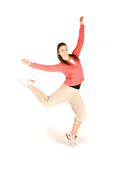 Estudio aislado. Baile femenino adolescente en rosa con pelo largo marrón y —  Fotos de Stock