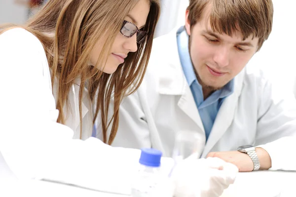 Successful teamwork inside the lab, research, young experts — Stock Photo, Image