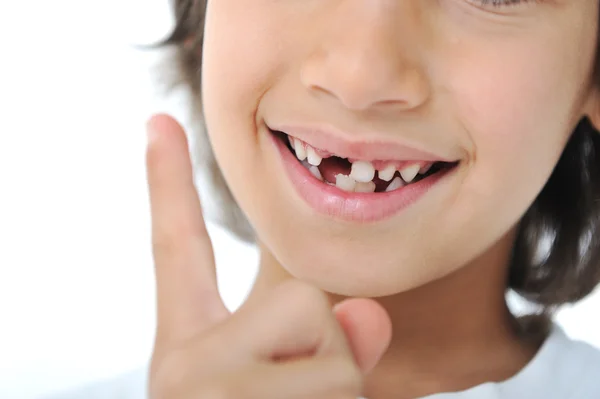 Lost milk tooth fairy, cute boy with long hair — Stock Photo, Image