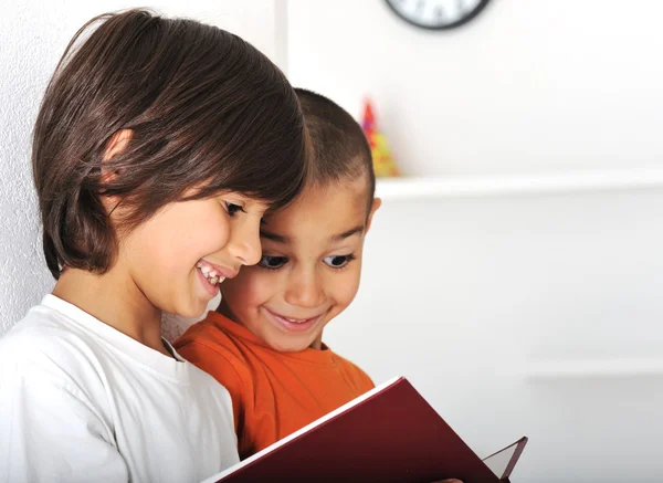 Felices chicos lindos en casa, adorables hermanitos leyendo — Foto de Stock