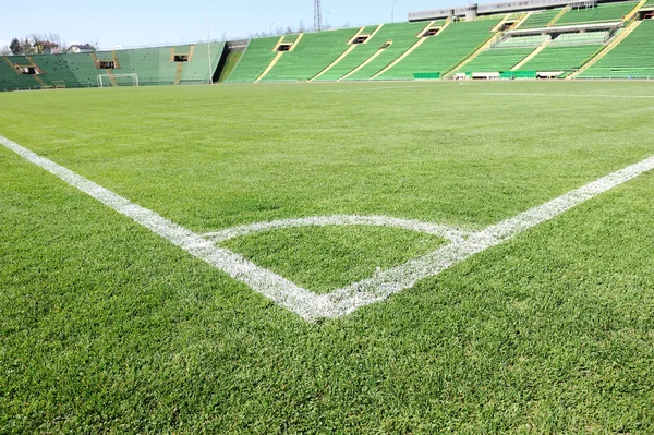 Футбольное поле с красивой зеленой травой на стадионе — стоковое фото