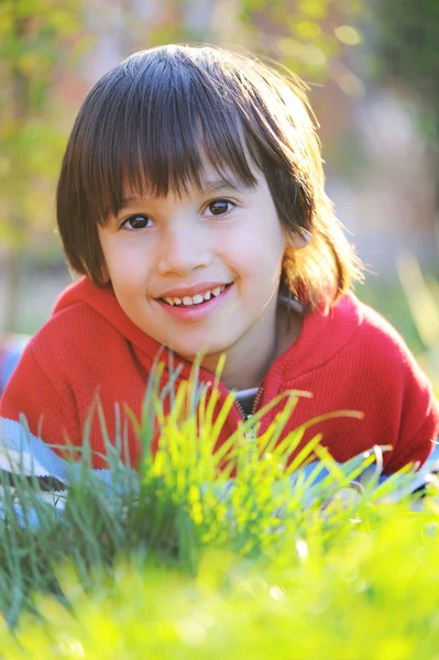 Malý roztomilý chlapec na ranní letní trávy s přirozeným krásným světlem — Stock fotografie