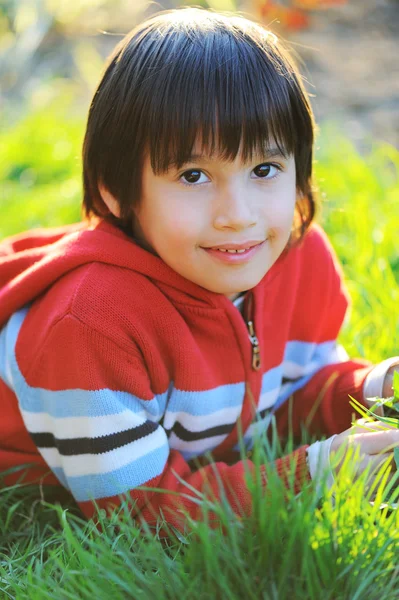 Menino bonito que coloca na grama de verão da manhã com luz bonita natural — Fotografia de Stock