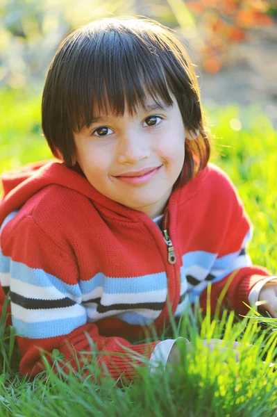 Menino bonito que coloca na grama de verão da manhã com luz bonita natural — Fotografia de Stock