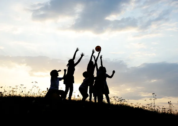 Silhouette, Gruppe fröhlicher Kinder, die auf der Wiese spielen, Sonnenuntergang, Sommer — Stockfoto