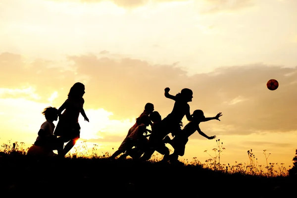 Siluet, grup mutlu çocuklar oynarken çayır, günbatımı, yaz — Stok fotoğraf