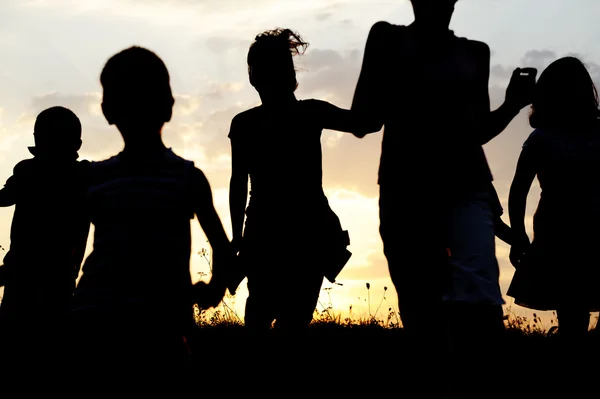 Silhouette, gruppo di bambini felici che giocano sul prato, tramonto, estate — Foto Stock