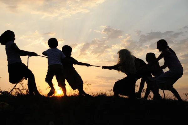 剪影，快乐玩耍的孩子们在草地上、 日落、 夏季组 — 图库照片
