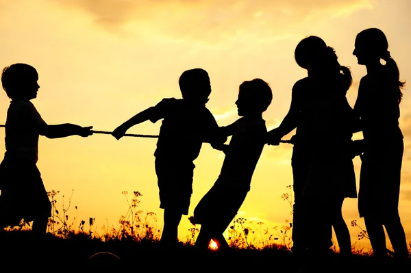 Silhouette, grupp av glada barn spelar på ängen, solnedgång, sommartid — Stockfoto