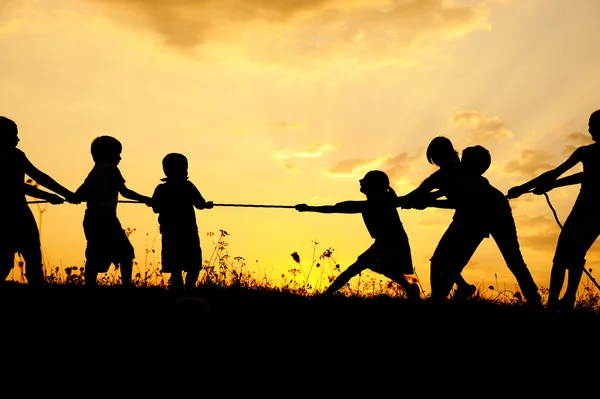 Silueta, grupo de niños felices jugando en el prado, puesta de sol, verano — Foto de Stock