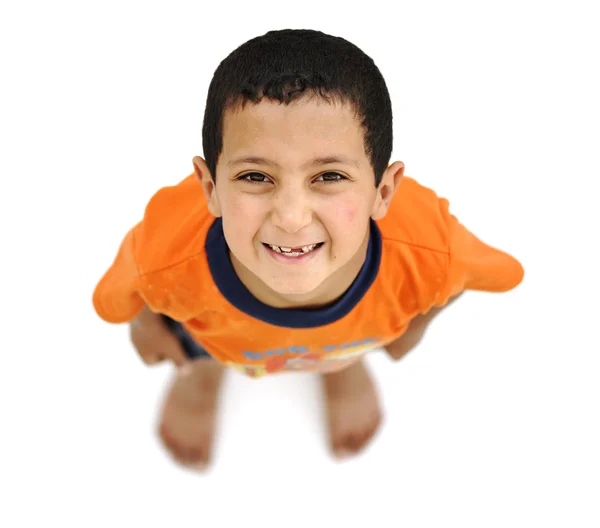 Gelukkig kind, positieve verse kleine lachende jongen above, andere hoek, — Stockfoto