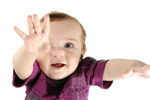Schattig wenselijk baby, close-up gezicht, portret, handen omhoog wil iets, — Stockfoto