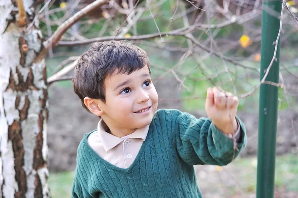 Счастливый позитивный симпатичный ребенок на свежем воздухе, осенний период — стоковое фото