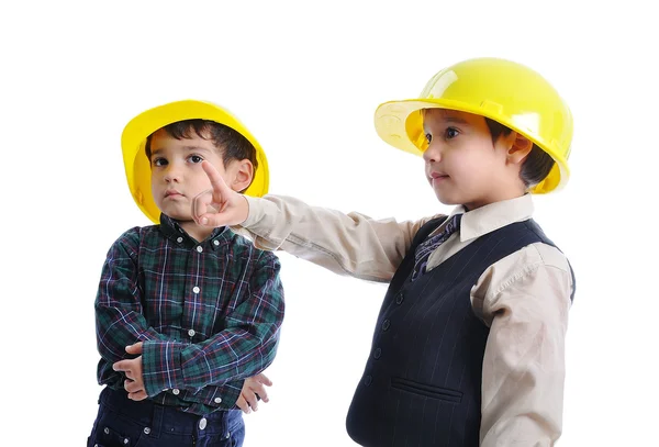 Little cute engineers isolated, kids playing together — Stock Photo, Image