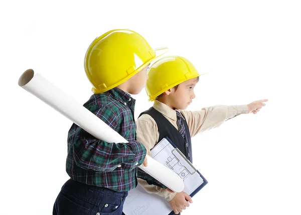 Little cute engineers isolated, kids playing together — Stock Photo, Image