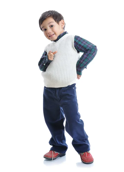 Little positive kid with nice clothes, isolated — Stock Photo, Image