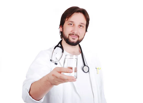Young male doctor advicing healthy natural water — Stock Photo, Image