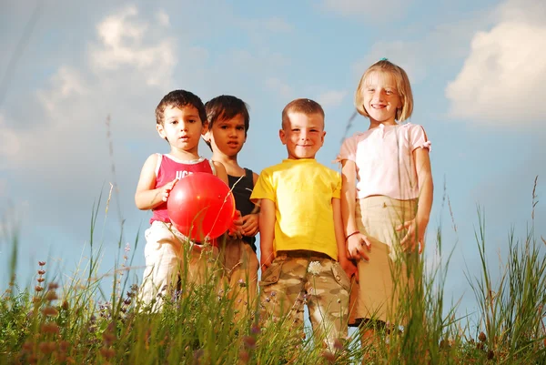Pequeno grupo feliz de crianças no prado — Fotografia de Stock