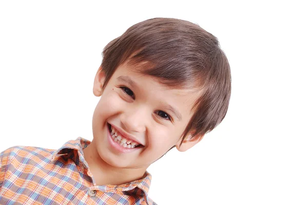 Zeer mooie schattige jongen met glimlach op het gezicht, geïsoleerd — Stockfoto
