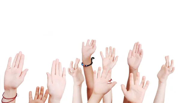 Many children hands high up isolated — Stock Photo, Image