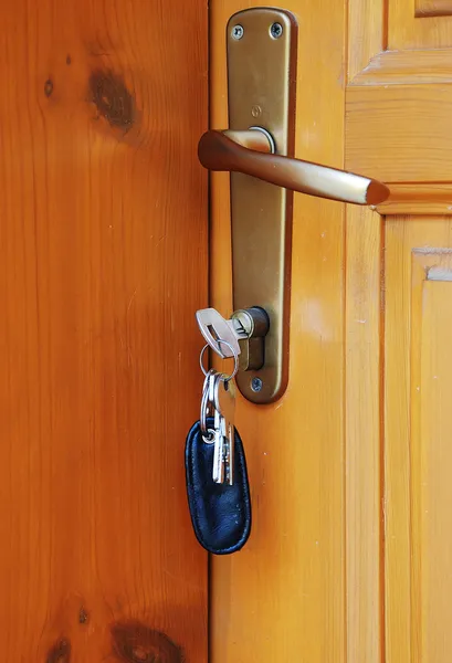 Ключі, покладені в дерев'яні двері — стокове фото