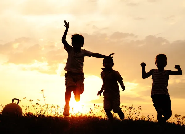 Grupo de crianças felizes brincando no prado Imagem De Stock