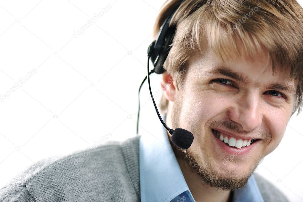 Attractive blond support person, male, smiling